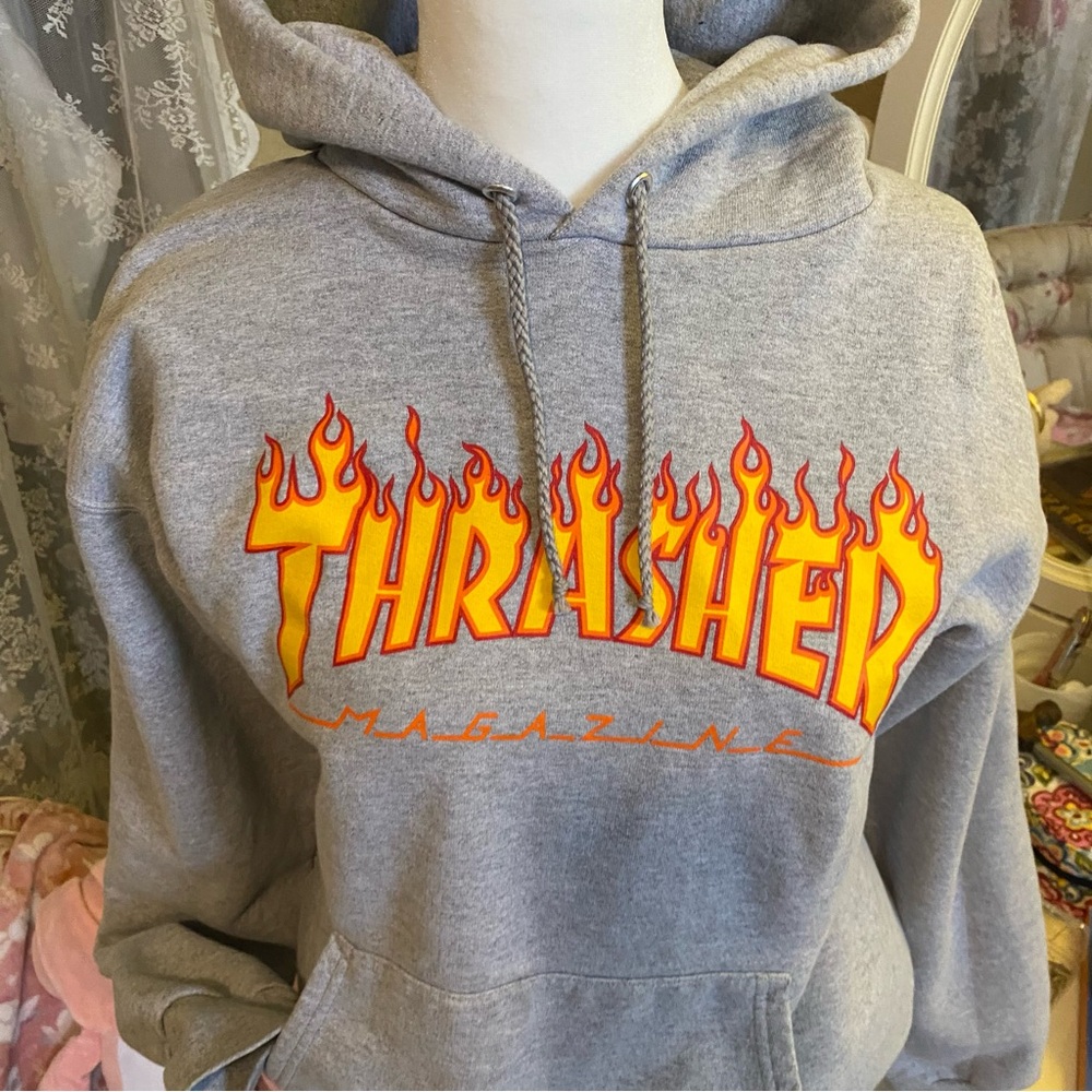 Thrasher Gray Hoodie with Red and Yellow Flame Logo
